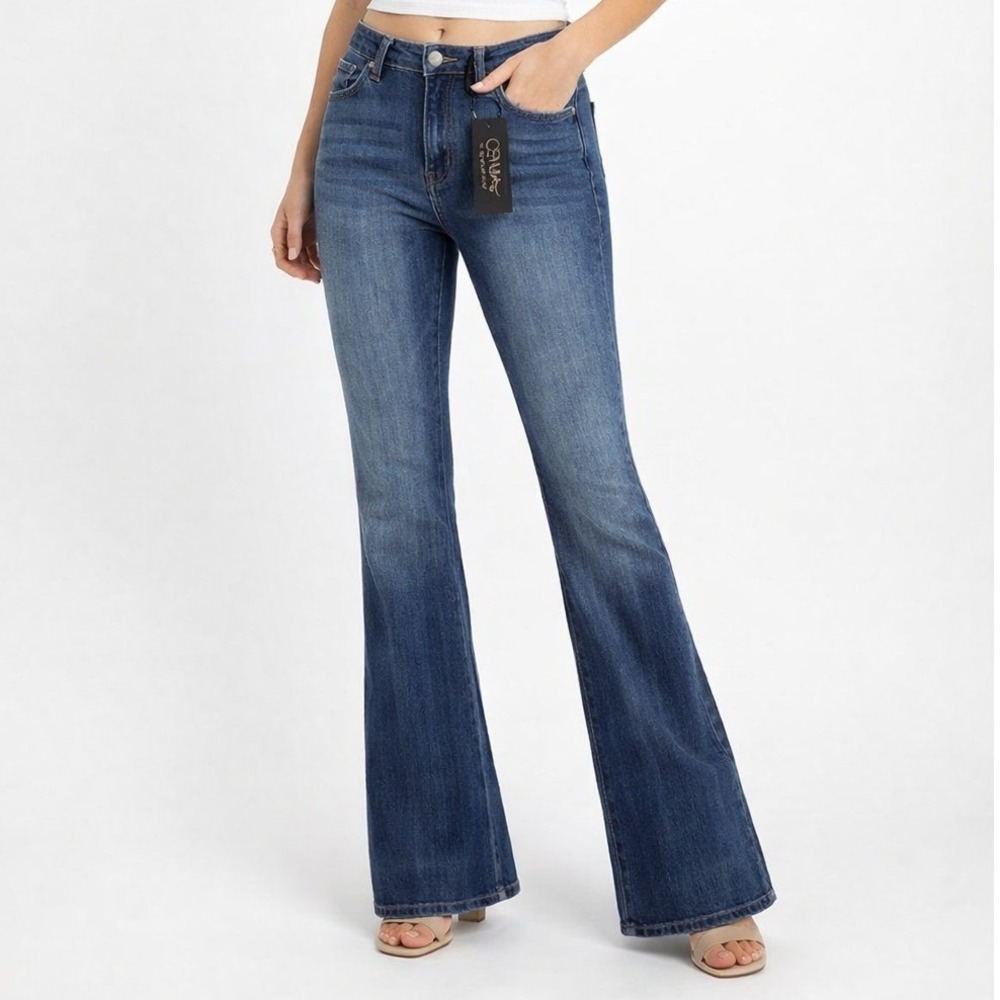 Women's Boot Cut Jeans - Dark Blue Stretch Denim